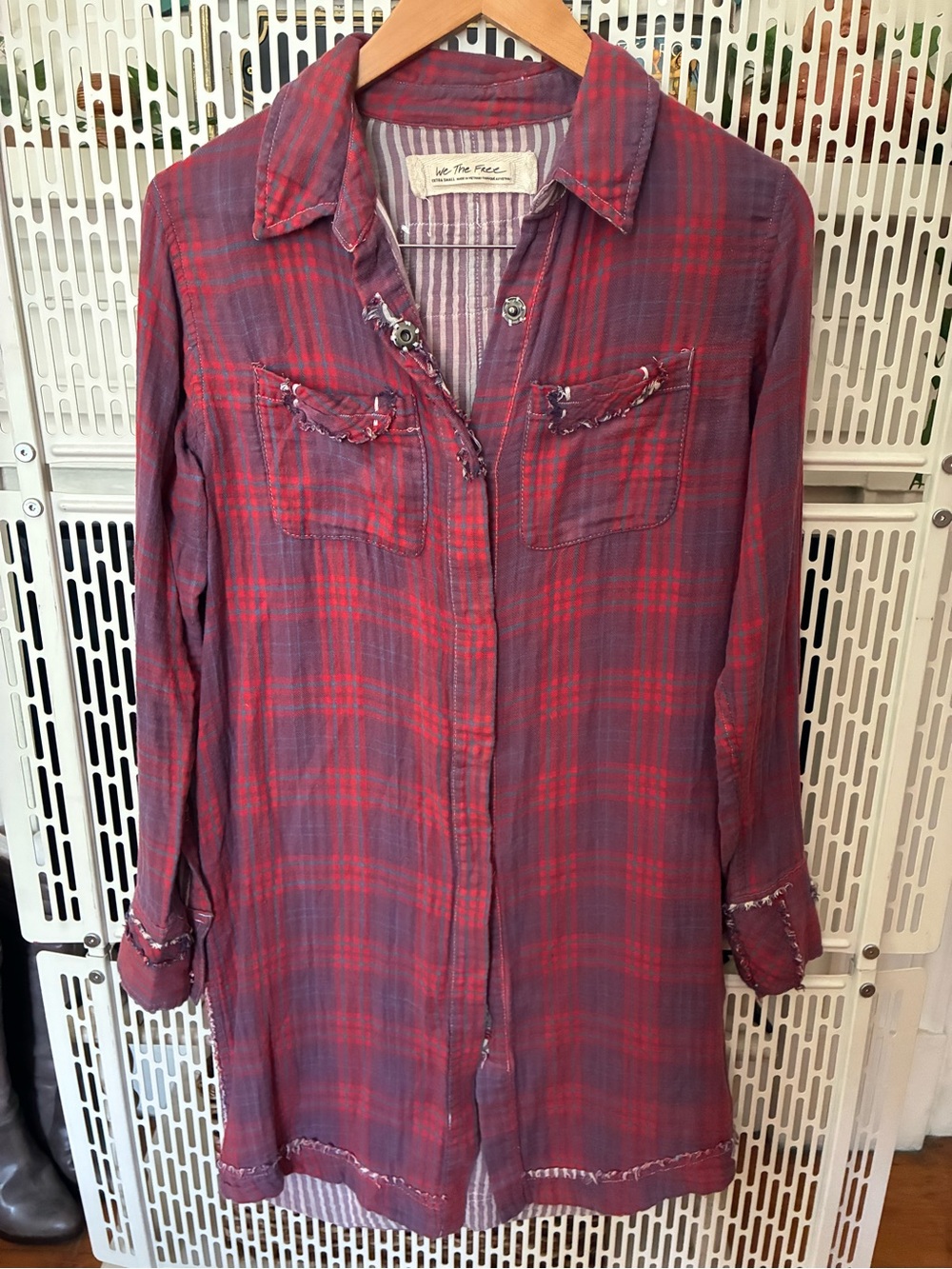 We The Free Red and Plum Plaid Long Sleeve Shirt Dress